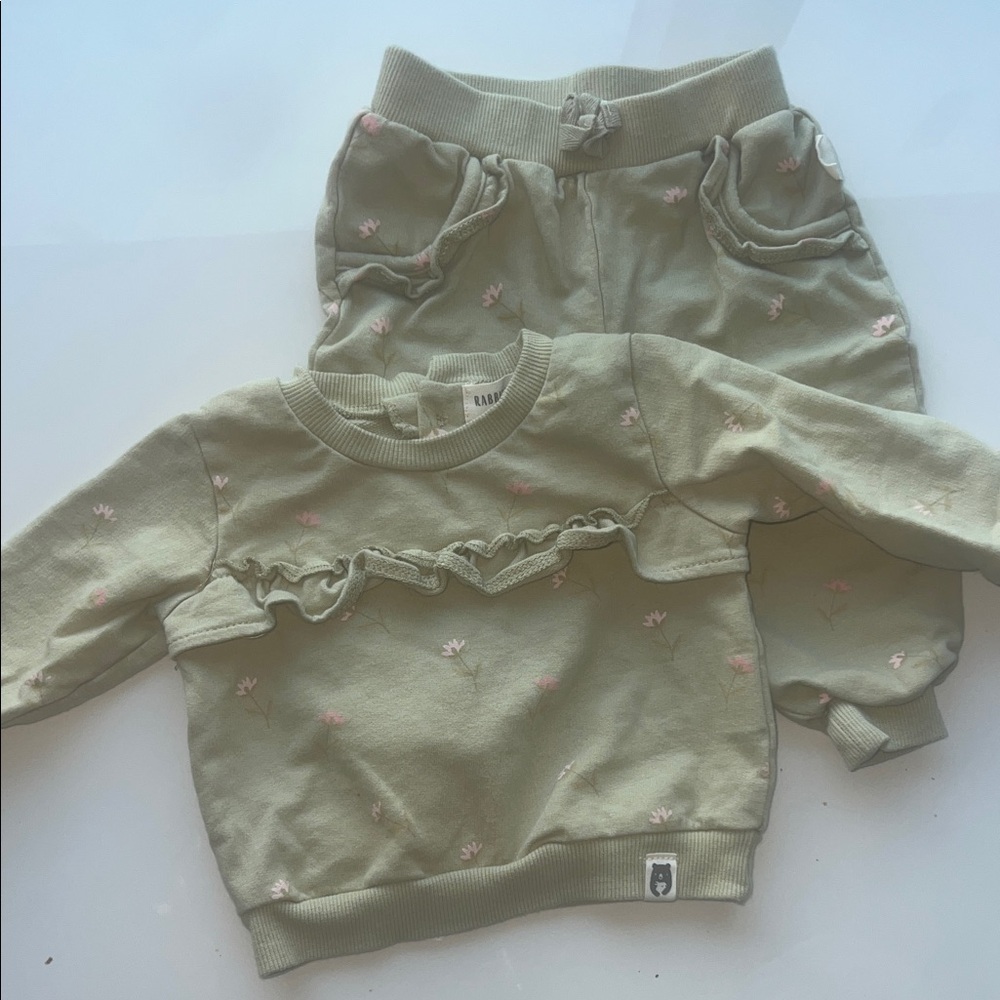Rabbit + Bear Organic Cotton Sweat set in Sage with pink flowers- matching